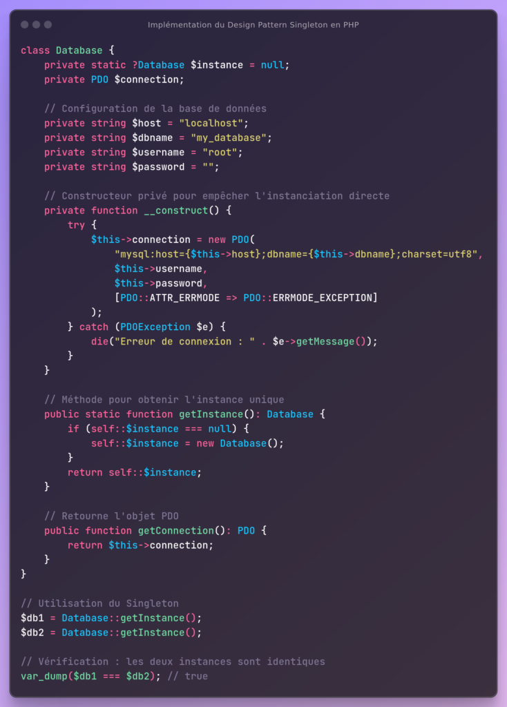 Implémentation du Design Pattern Singleton en PHP