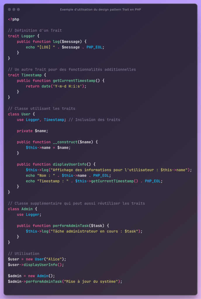 Exemple d'utilisation du design pattern Trait en PHP